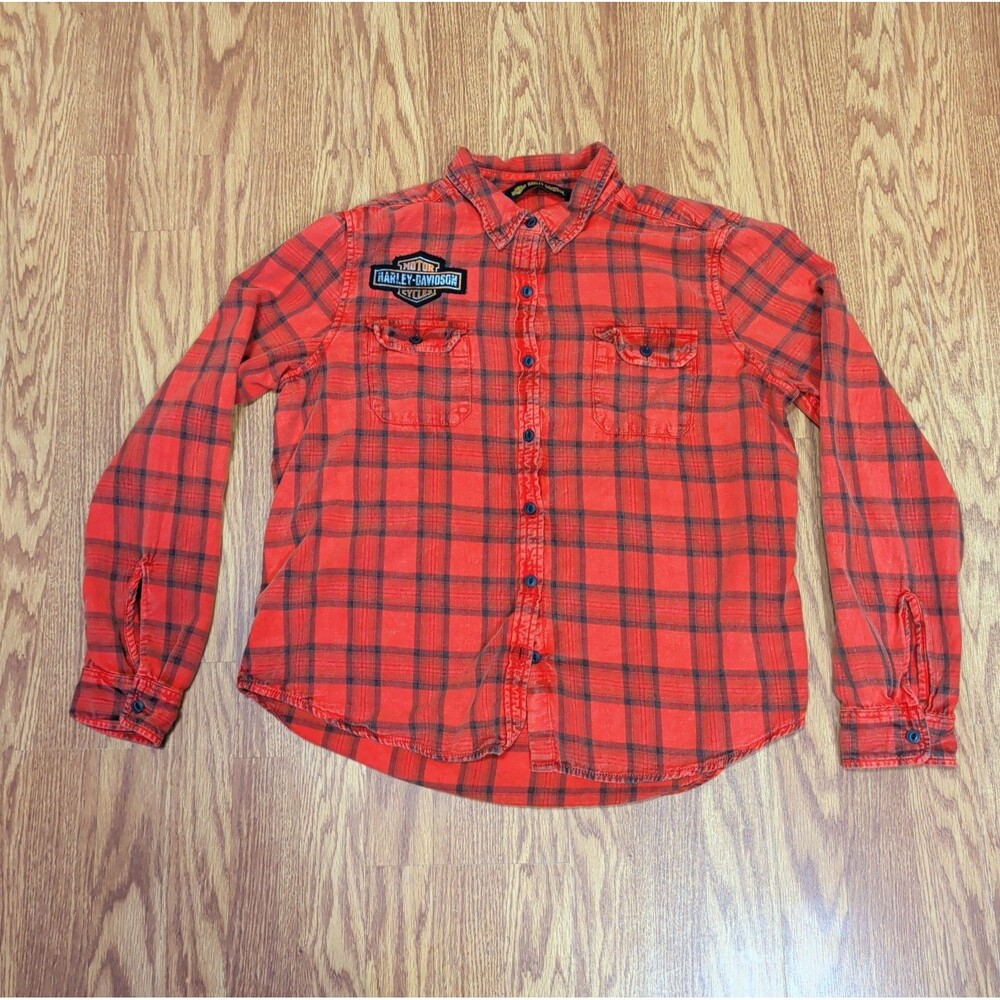 Harley Davidson Women's XL Red Black Plaid Long Sleeve Shirt Flannel